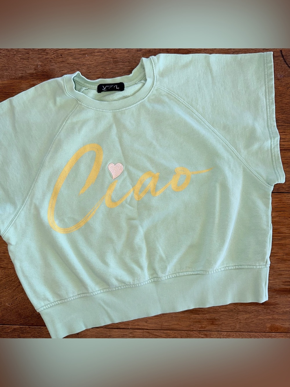 Vinyl Icons Seafoam Green “Ciao”Short Sleeve Crop Sweatshirt 100% cotton
